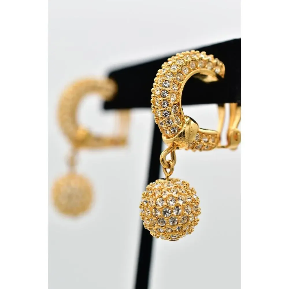 Swaovski Vintage Crystal Clip On Earrings Ball Dangle Gold Swan Signed 80s BinBJ